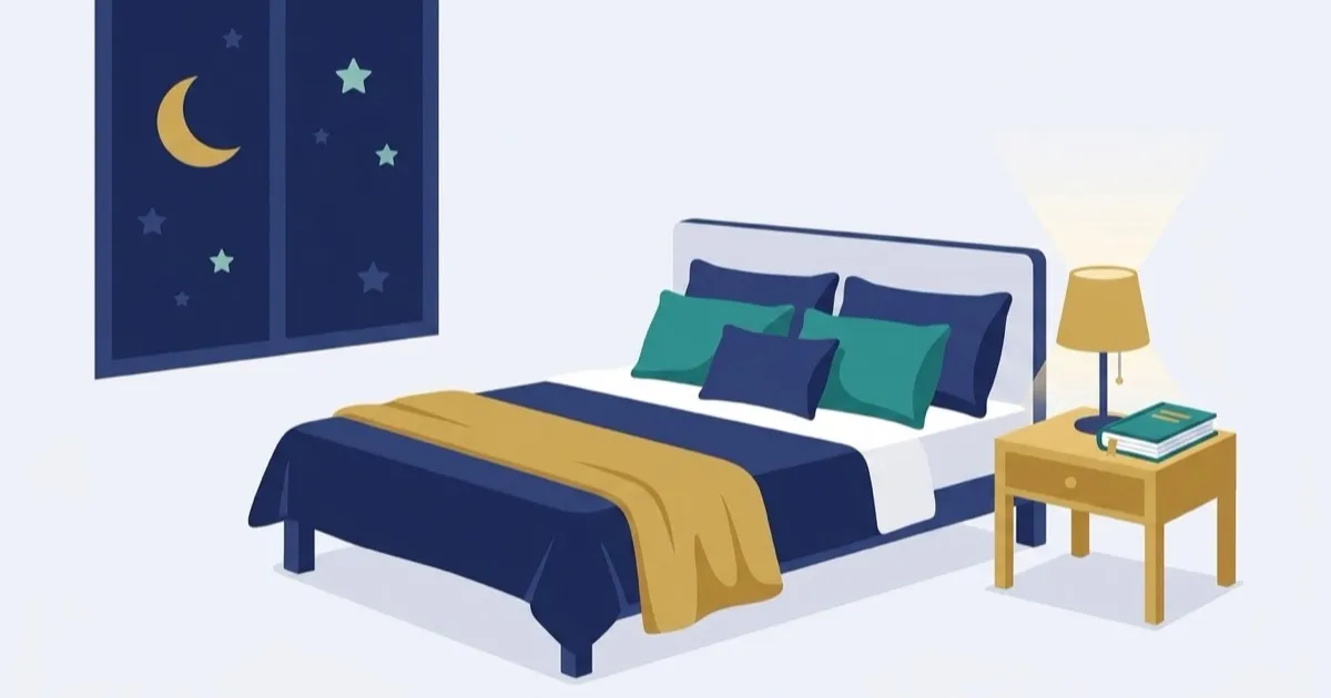 Calm editorial illustration of a restful bedroom representing general sleep habits, with a note that this is information not treatment.