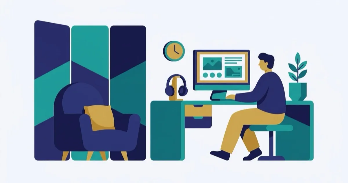 Editorial illustration of a calm workplace with examples of reasonable adjustments such as flexible hours and a quiet space.