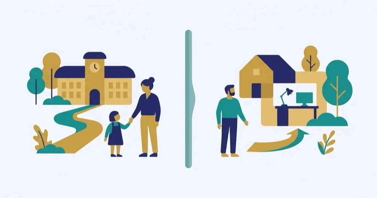 Side-by-side editorial illustration comparing how an ADHD assessment is arranged for children and for adults.