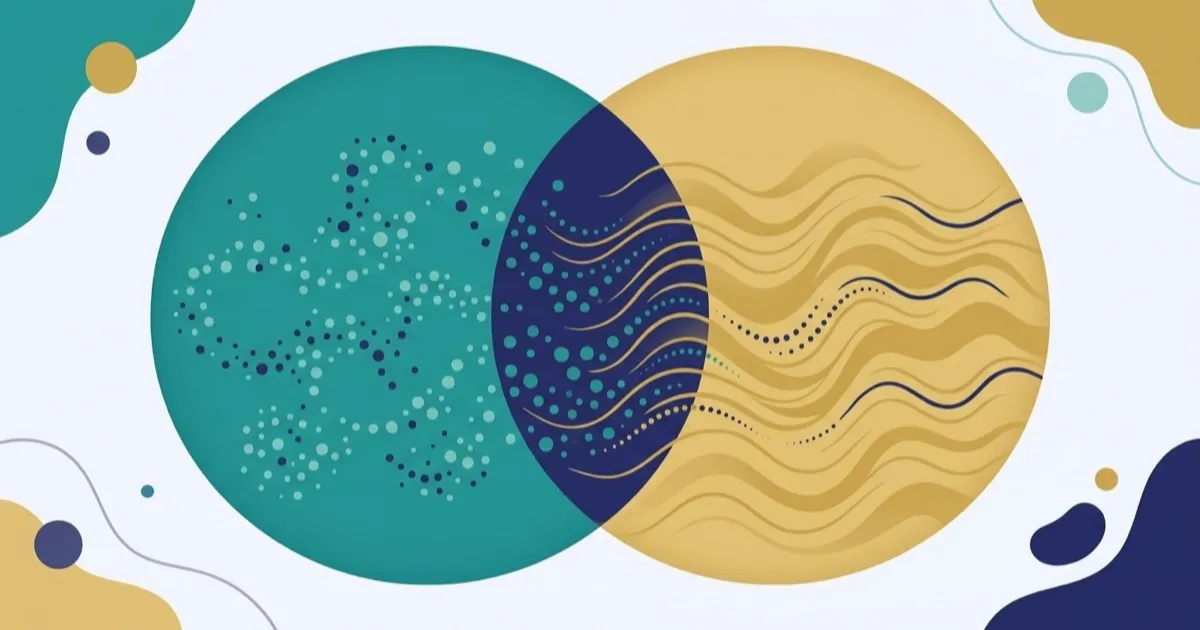 Calm editorial illustration showing how ADHD and anxiety features overlap, with a note that only a clinician can tell them apart.