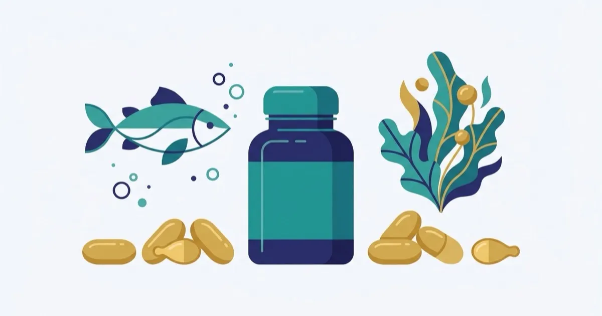 Omega-3 fish oil and algae-based capsules with a note that omega-3 is not a treatment for ADHD.