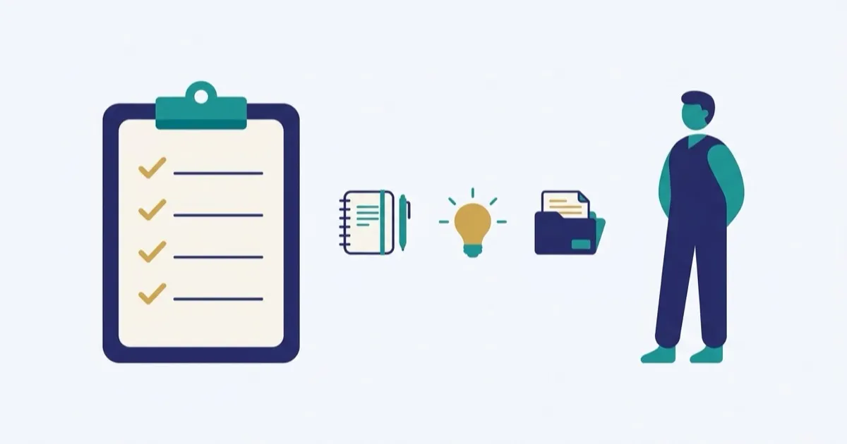 Calm checklist-style illustration of preparing for an adult ADHD assessment: notes, examples and records, with a note that a clinician decides the outcome.