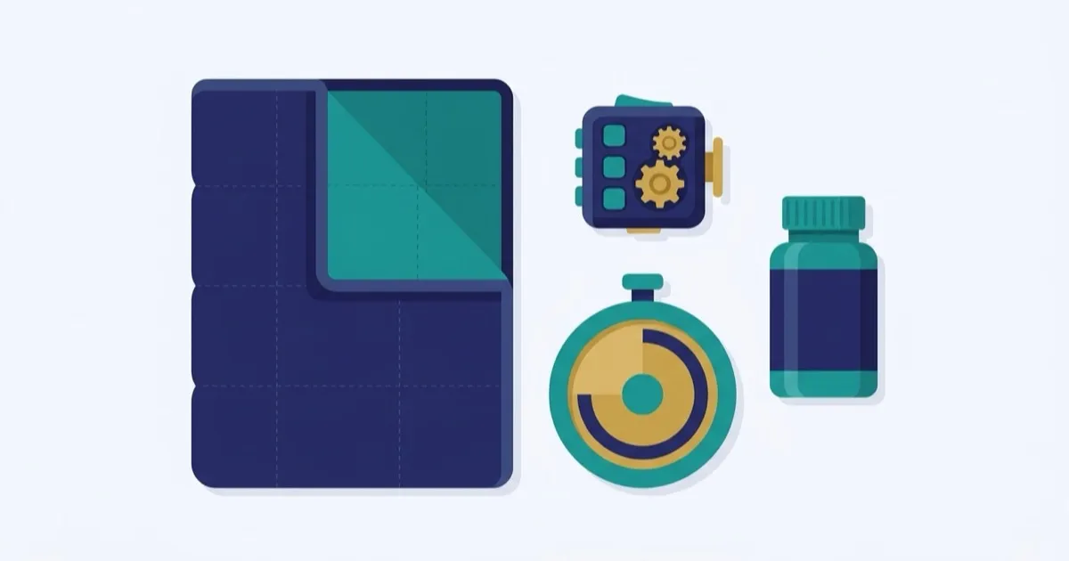 A flat-lay of common ADHD tools: a weighted blanket, fidget items, a visual timer and a supplement bottle.