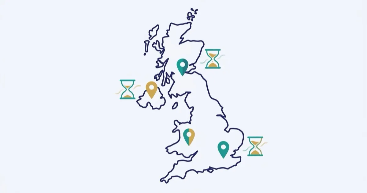 Illustration showing how ADHD assessment waiting times vary by area and by route across the UK.