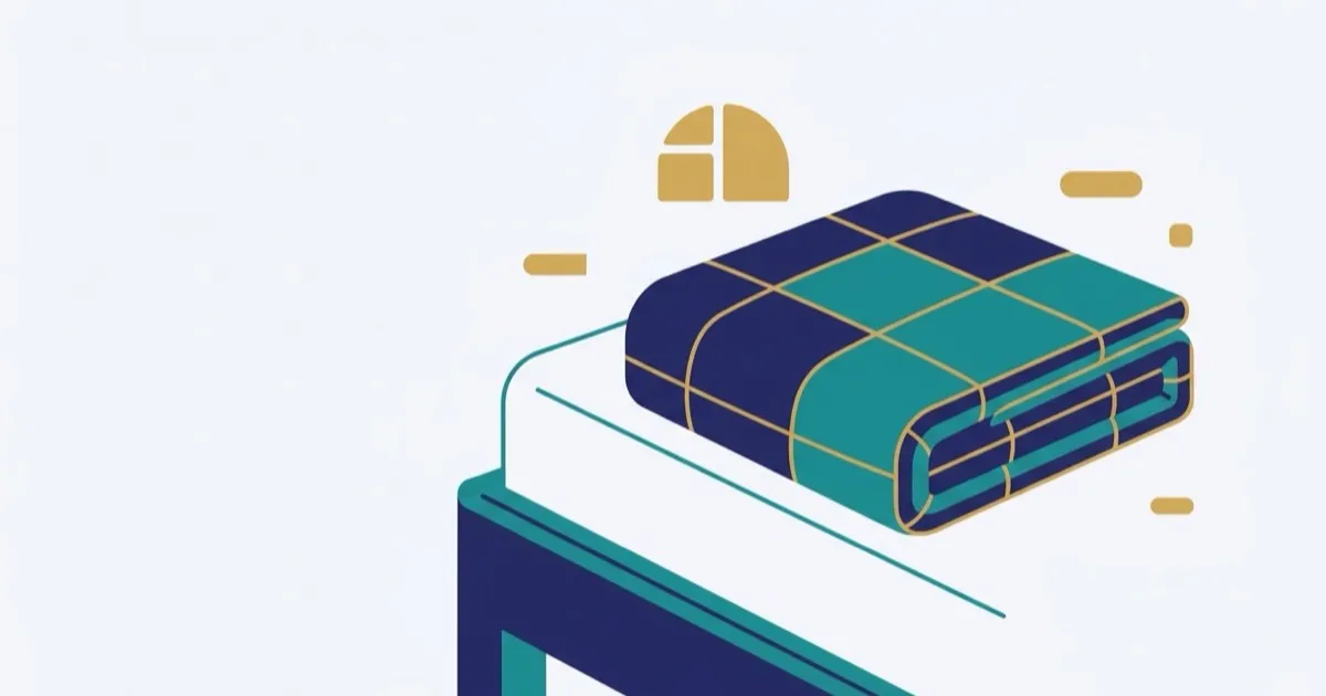 A folded weighted blanket on a bed, with a note that a weighted blanket is a comfort aid and not a treatment for ADHD.
